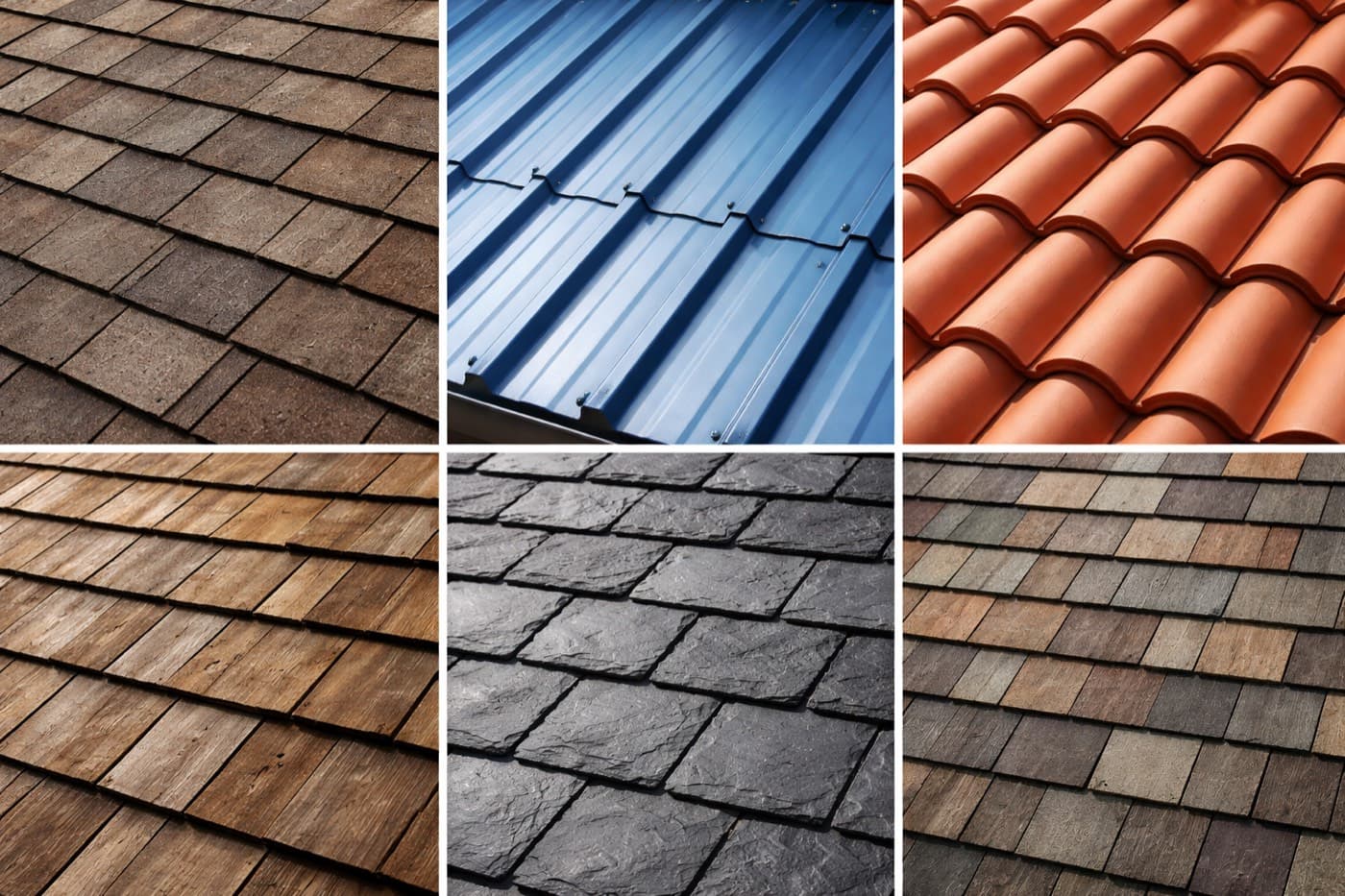 Side-by-side samples of six roofing materials: asphalt, metal, clay tile, wood shake, slate, and composite shingles
