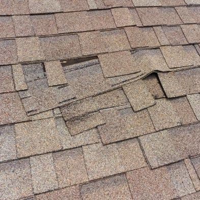 Close-up of a lifted and damaged asphalt shingle