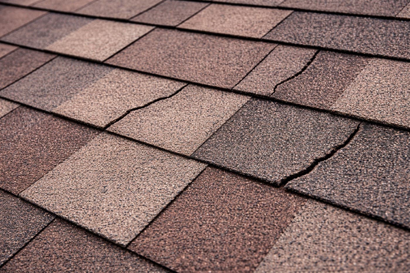Close-up of cracked asphalt shingles on a roof