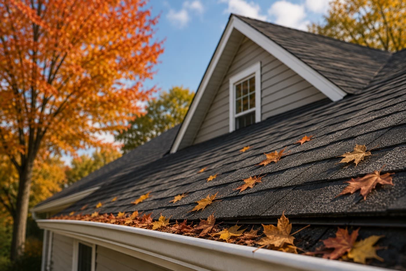 Fallen autumn leaves on a dark asphalt shingle roof and in the gutter below