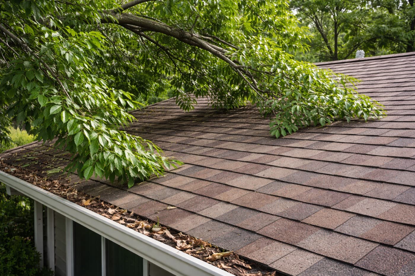 Leafy tree branches hanging over an asphalt shingle roof with leaves in the gutter
