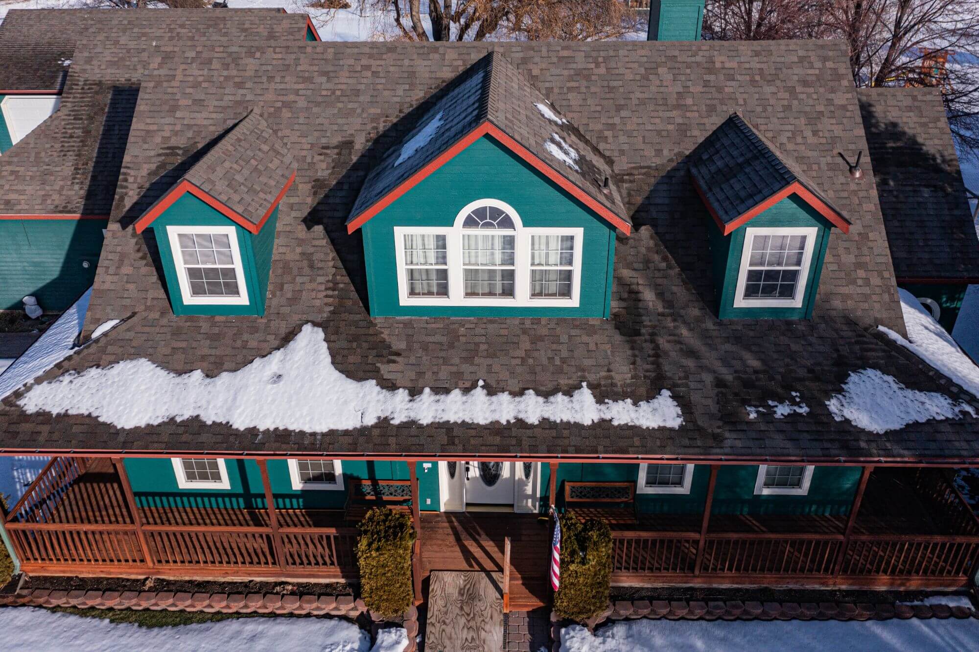 Aerial view of a roof serviced by Canyon Construction Services, roofing contractors in Twin Falls, ID